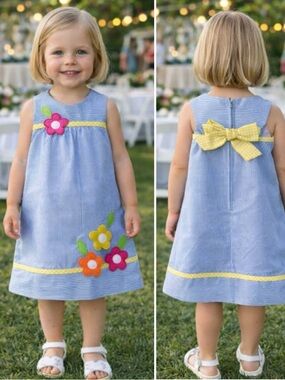 Florence Eiseman Toddler Blue Striped Floral Appliqué Dress with Yellow Bow NWT